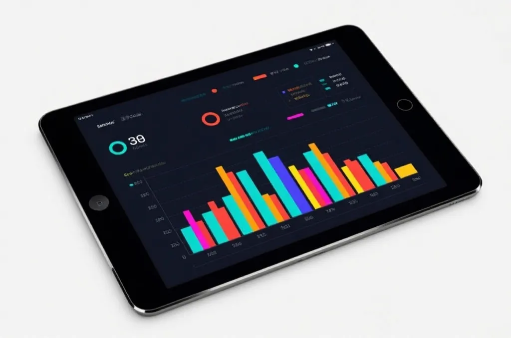 Abstract sports data visualization on a tablet screen showing colorful performance charts